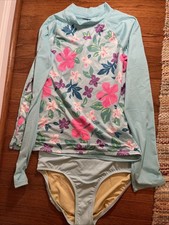 Lands' End Girls Long Sleeve Rashguard Bikini Bottom Set Blue Floral Size 14 XL