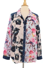 Sundance womens Shirt XL Patchwork Floral Bird Butterfly Long Sleeve Button-Up