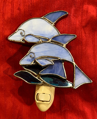 Artisan Crafted Genuine Stained Glass Night Light, Two Dolphins, on-off switch