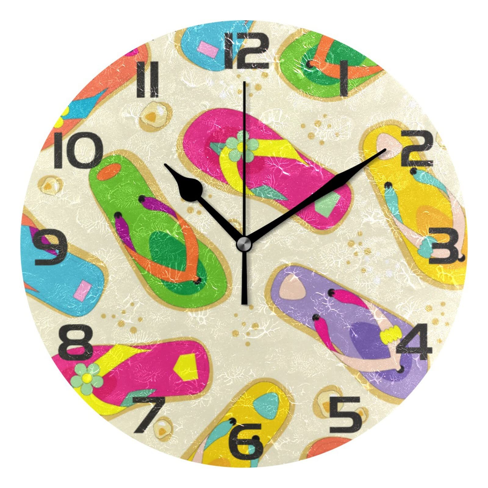 Round Colorful Flip Flops Wall Clock Battery Operated Silent Non Ticking Art
