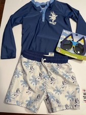 New Toddler Boys 2t Bluey Cartoon Swim trunks rash guard shirt a d sunglasses