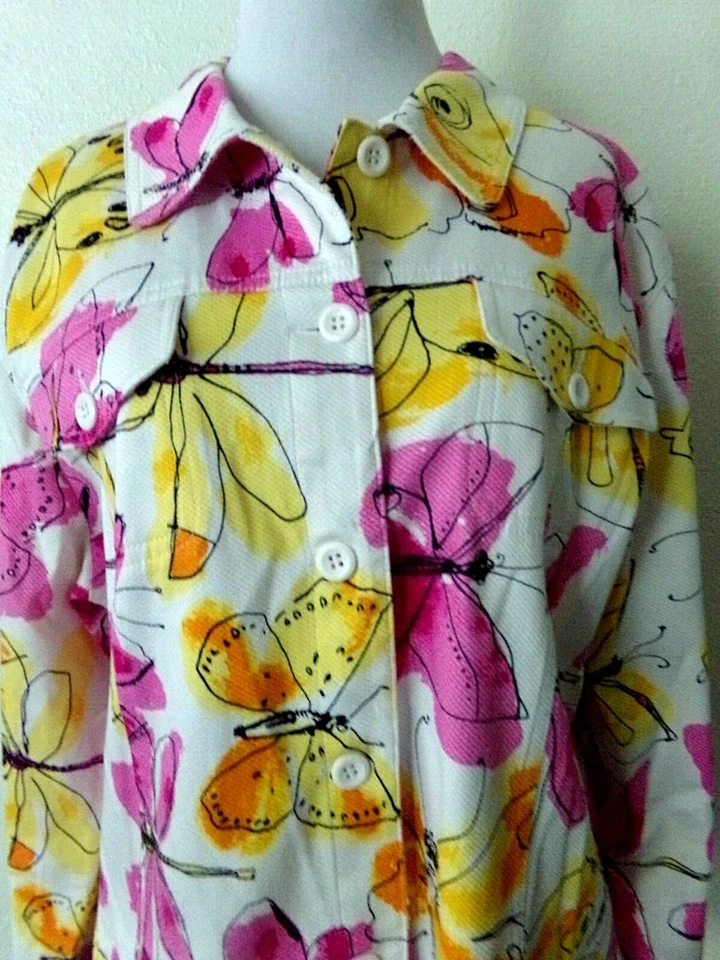 ERIN WOMENS BUTTON UP JACKET WHITE PINK YELLOW BUTTERFLIES POCKETS COTTON X-LRG - Image 3 of 4