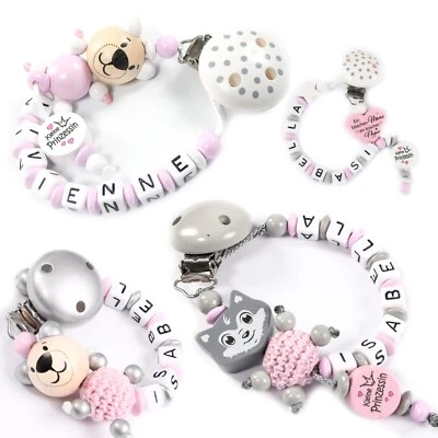 NELINO SCHNULLERKETTE MIT NAMEN Schnullerkette mit Namen für Mädchen rosa Prinzessin Baby♥Geburt♥Taufe♥Geschenk