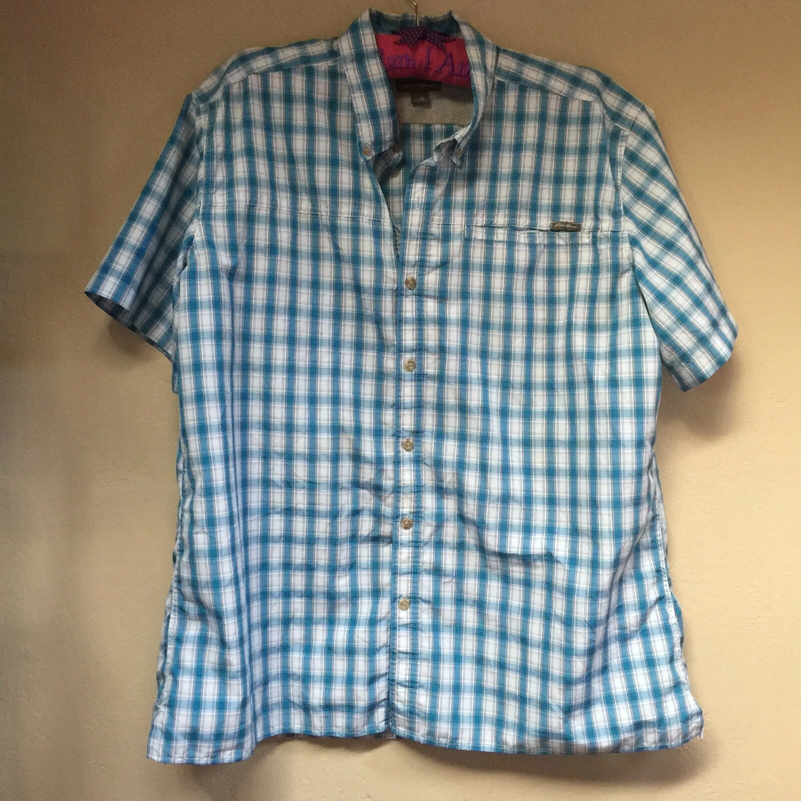 Eddie Bauer Mens Short Sleeve Button Down Blue Plaid Mesh Hiking Shirt XL Casual