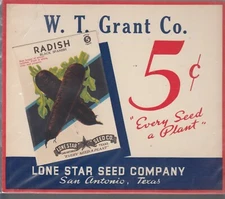 1930's lone Star Seed Co.Texas  sale's card W.T. Grant 5¢ Black Radish-----5