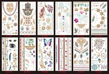 Women Metallic Flash Body Neck Arm Gold Silver Temporary Tattoos Sticker US 