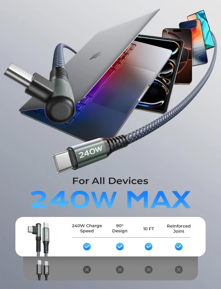 240W USB-C to USB-C Right Angle Cable 10ft Fast Charging for iPhone MacBook - Image 2 of 4