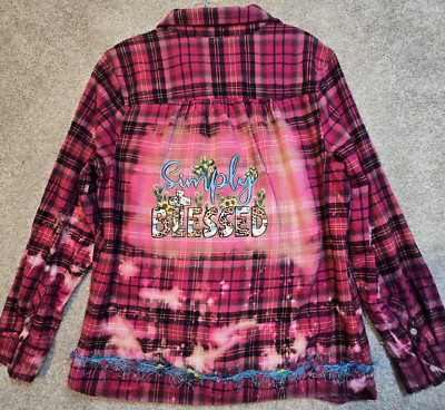 OOAK Upcycled Flannel Shirt Shacket Frankenshirt SIMPLY BLESSED Sassy Women's M