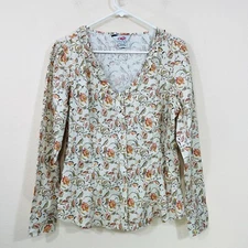 Roper Womens Size Large Floral Cotton Blouse Ruffle V-Neck Long Sleeve Button