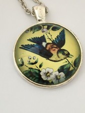 BLUE BIRD  cabochon necklace  fun bright birds  UK seller         G3