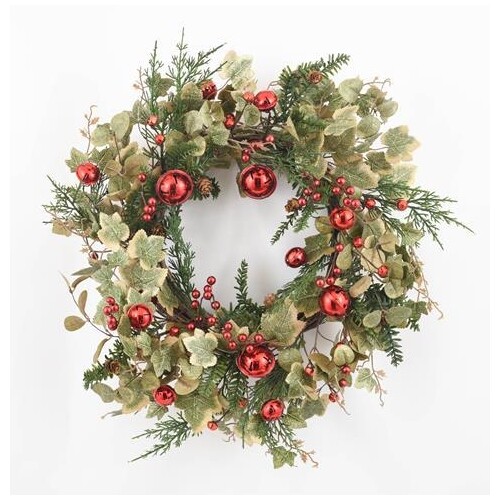 ENCHANTE SHIMMERING IVY & BAUBLE WREATH 56CM CHRISTMAS DECORATIONS