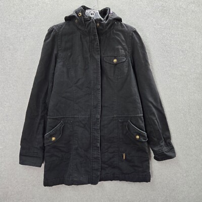 Roxy Junior Jacket Large Black Canvas Sherpa Lined Hooded Full Zip READ