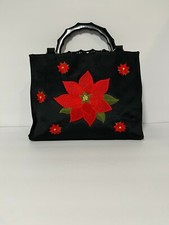 Vintage Tianni black purse embroidered red poinsettia two bamboo style handles