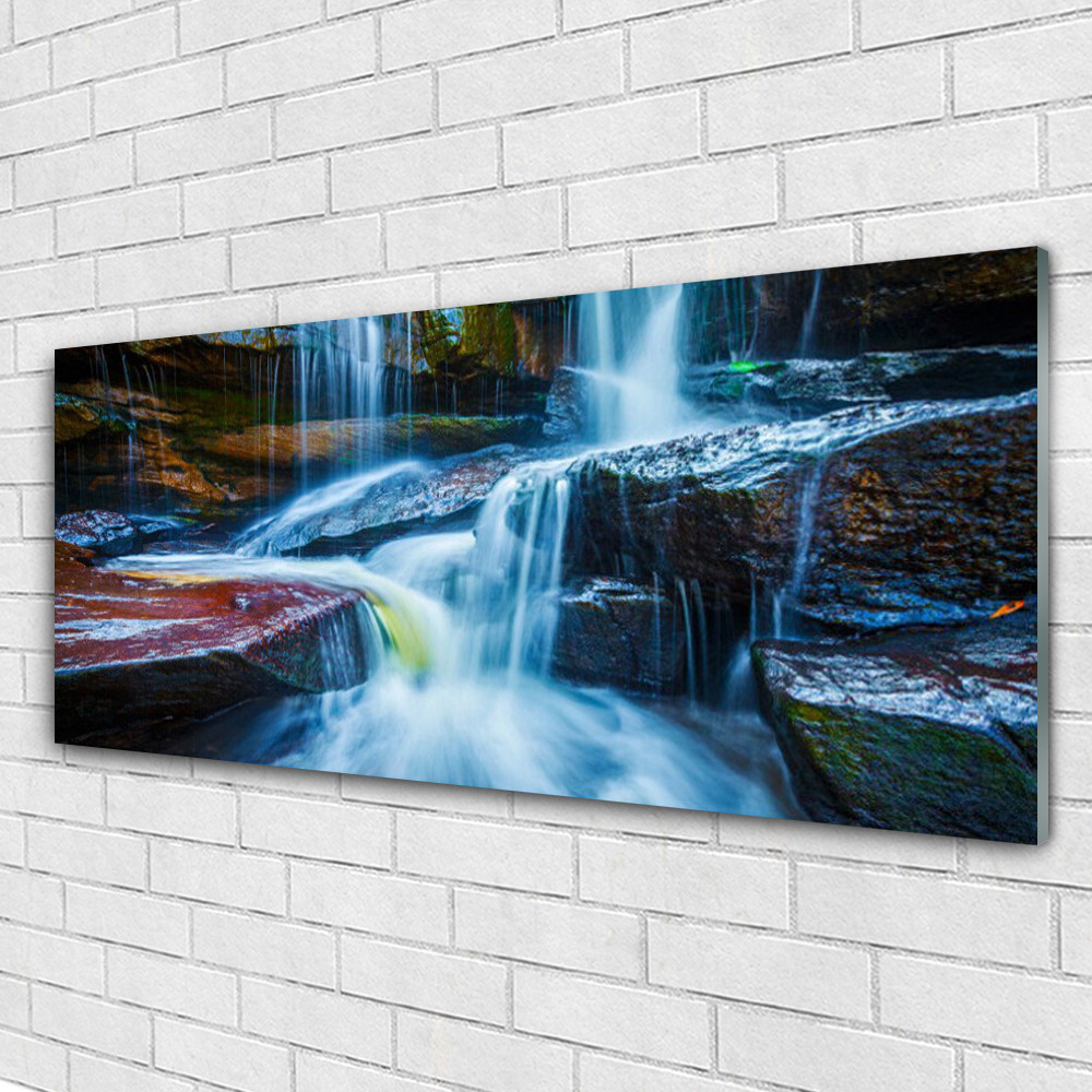 Tableau mural paysage rochers cascade impression Plexiglas 125x50 cm décoration salon