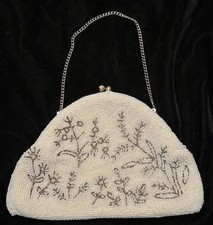 VTG 50-60  s White Beaded Evening Bag With A Metallic Floral Design Chain Strap