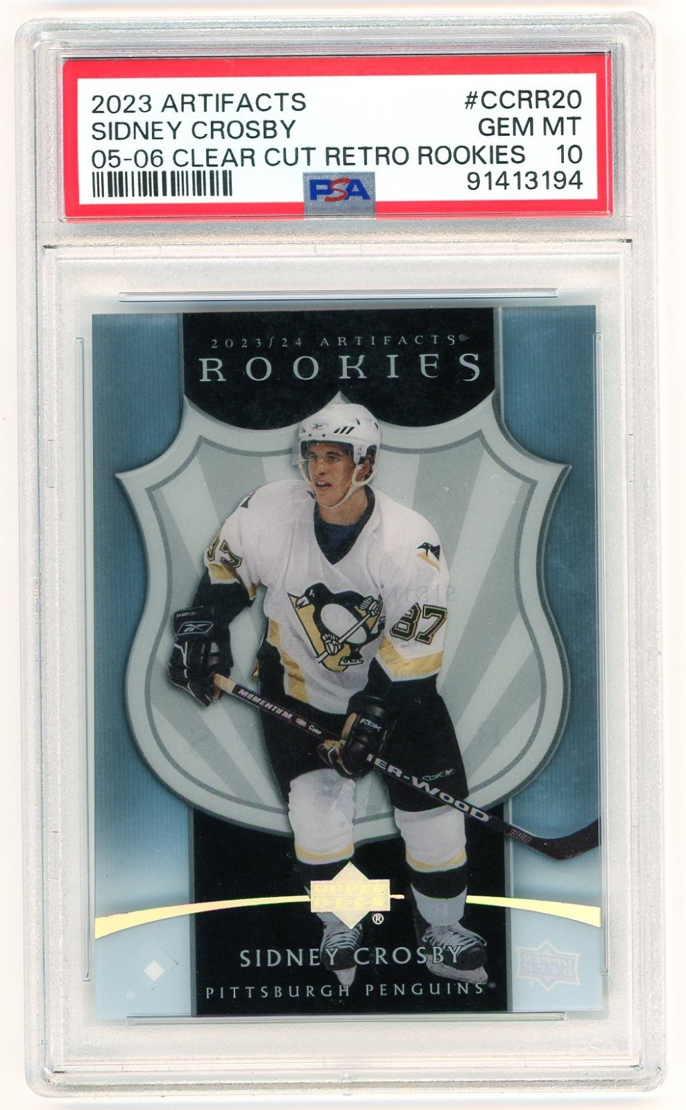 2023-24 Upper Deck Artifacts Hockey Sidney Crosby Clear Cut Retro Rookies PSA 10