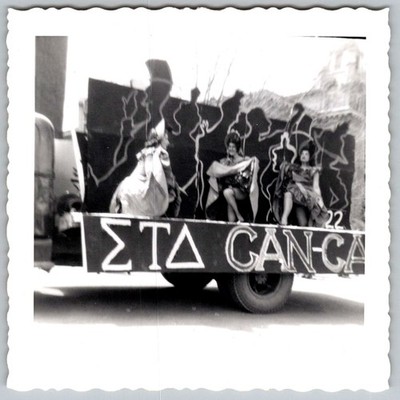 Vtg B&W Snapshot Women In Can-Can Costumes Sigma Tau Delta Parade Float 1950s