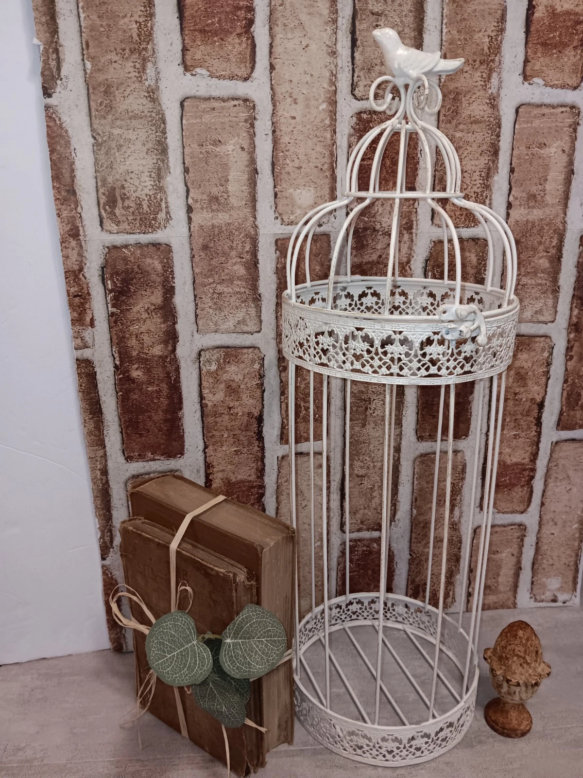 Distressed White Metal Round Bird Cage 22" Top Opens Latches Decor Bird Finial