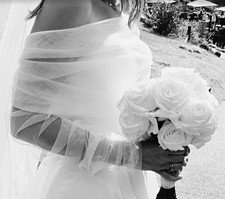 White Tulle Net Bridal Wrap Shawl Veil, Pearl Button Closure, Elbow Length