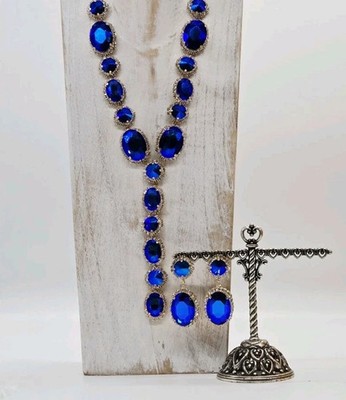 Kirks Folly Glamour Queen Necklace Earrings Set Gold tone Blue Sphinx 2 pc #43