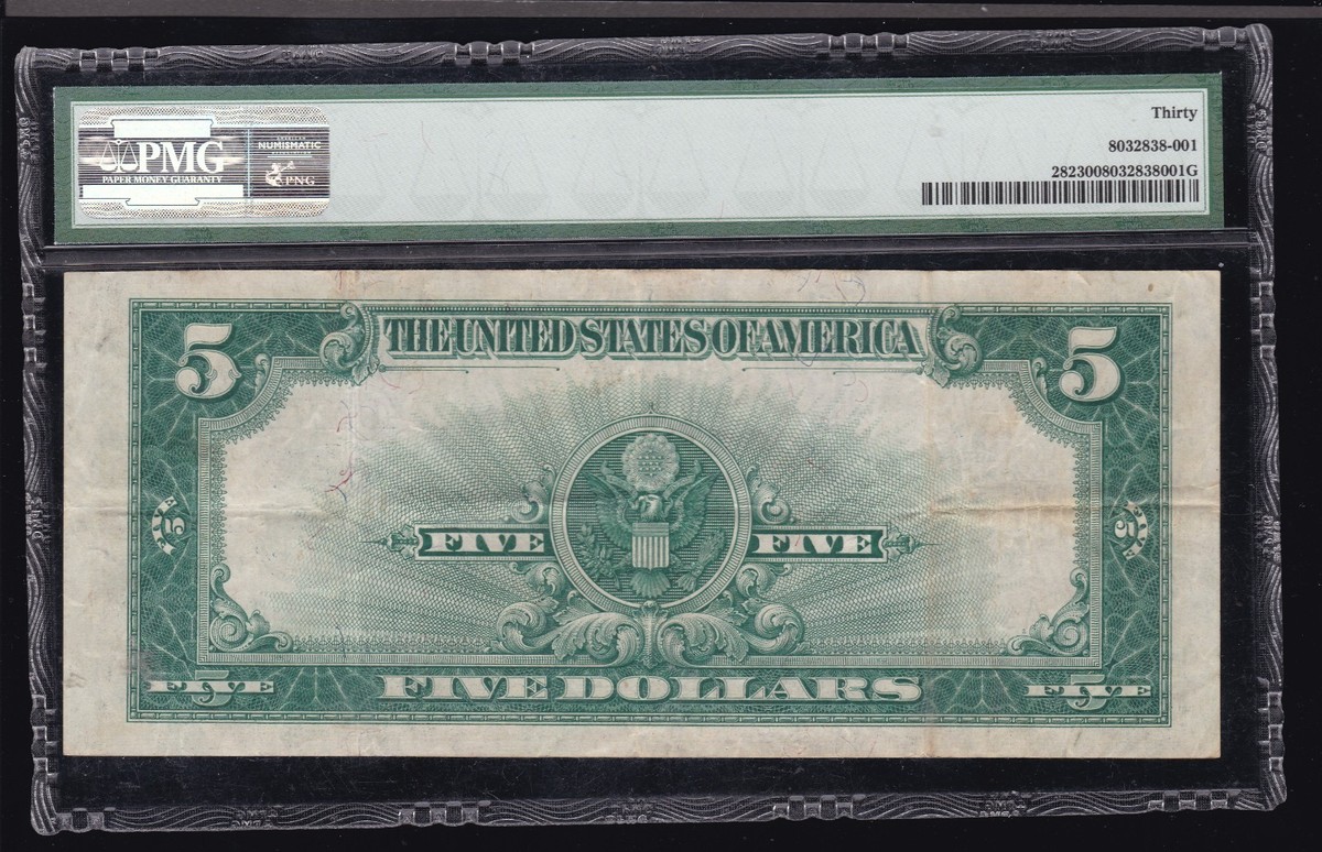 US 1923 $5 Lincoln Porthole Silver Certificate Note FR 282 PMG 30
