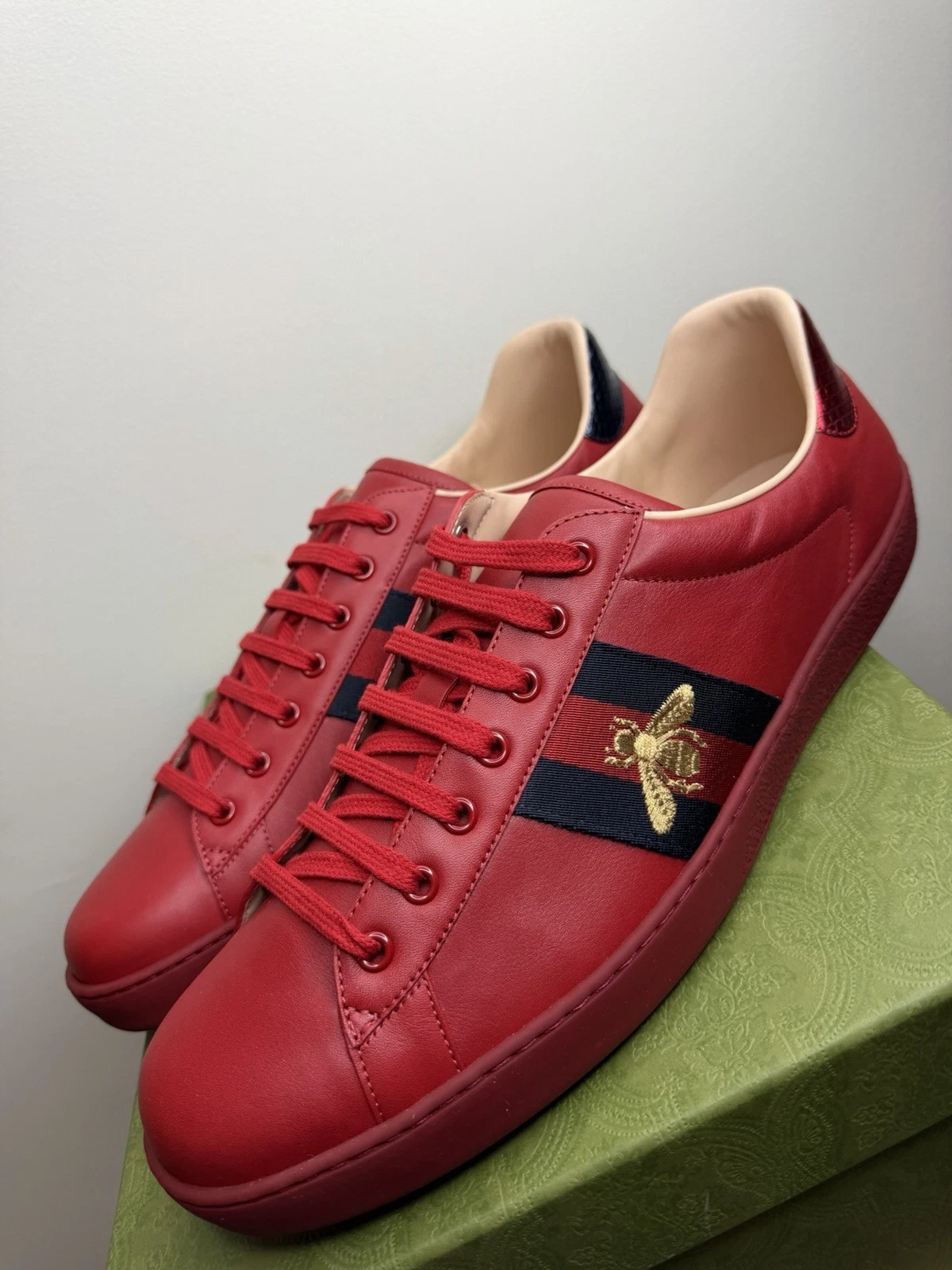 Gucci — Gucci Mens Red Leather Bee Striped Ace Sneakers Size 14UK/15US