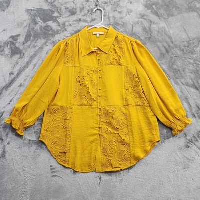 Indigo Thread Co. Top Womens M Yellow Lace Button Front Balloon Sleeve Boho