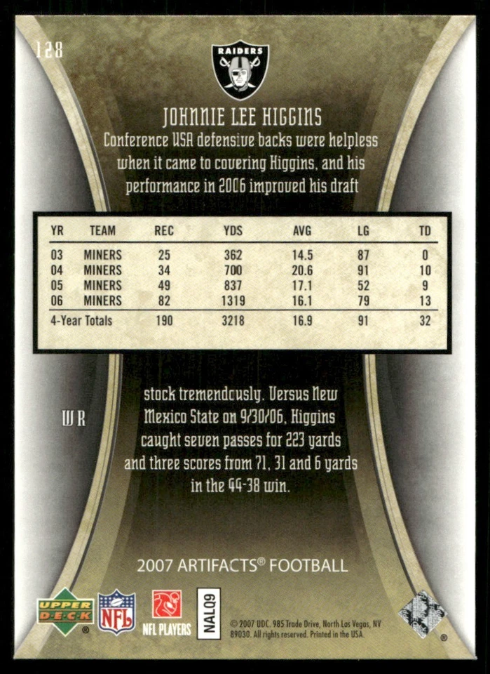 2007 Upper Deck Artifacts Johnnie Lee Higgins RC #128 - Image 2 of 2