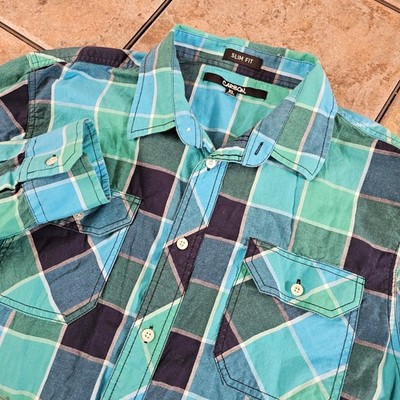 Carbon Slim Fit Plaid Long Sleeve Button Up Shirt Mens XL Blue Green