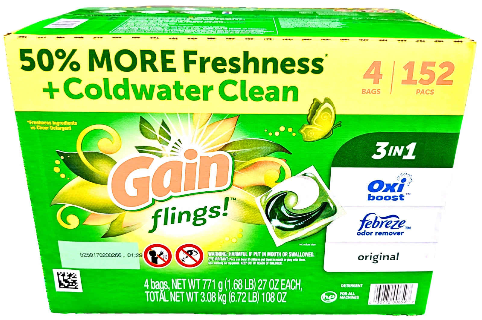Gain Flings! 3 in 1 Laundry Detergent Pacs Original Scents 152 Count