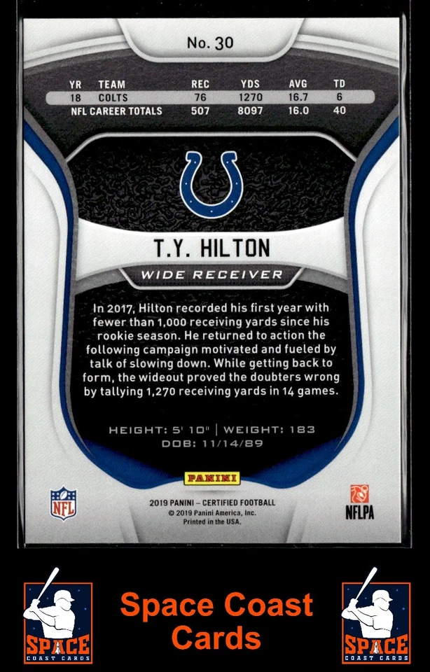 2019 Panini Certified T.Y. Hilton #30 /450 - Image 2 of 2