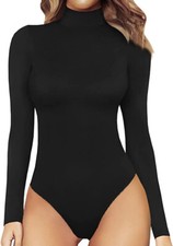 NWT 25 SZ L MANGOPOP Women Mock Turtle Neck LONG SLVD BODYSUIT JUMPSUIT BLACK