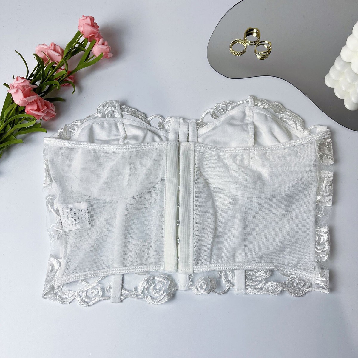 トップス HELK ROSE BUSTIER (WHITE) PacSun Women's White Pink Floral Bustier Lace Bow Crop Tank