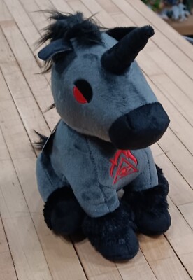 Gothic Unicorn Plush   Black & Gray Stuffed Toy with Red Eyes and Horn