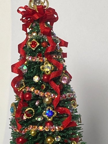 OOAK Rhinestone & Silk Bow Christmas Tree 4.75" Tree 1:12 Dollhouse Miniature - Picture 7 of 18