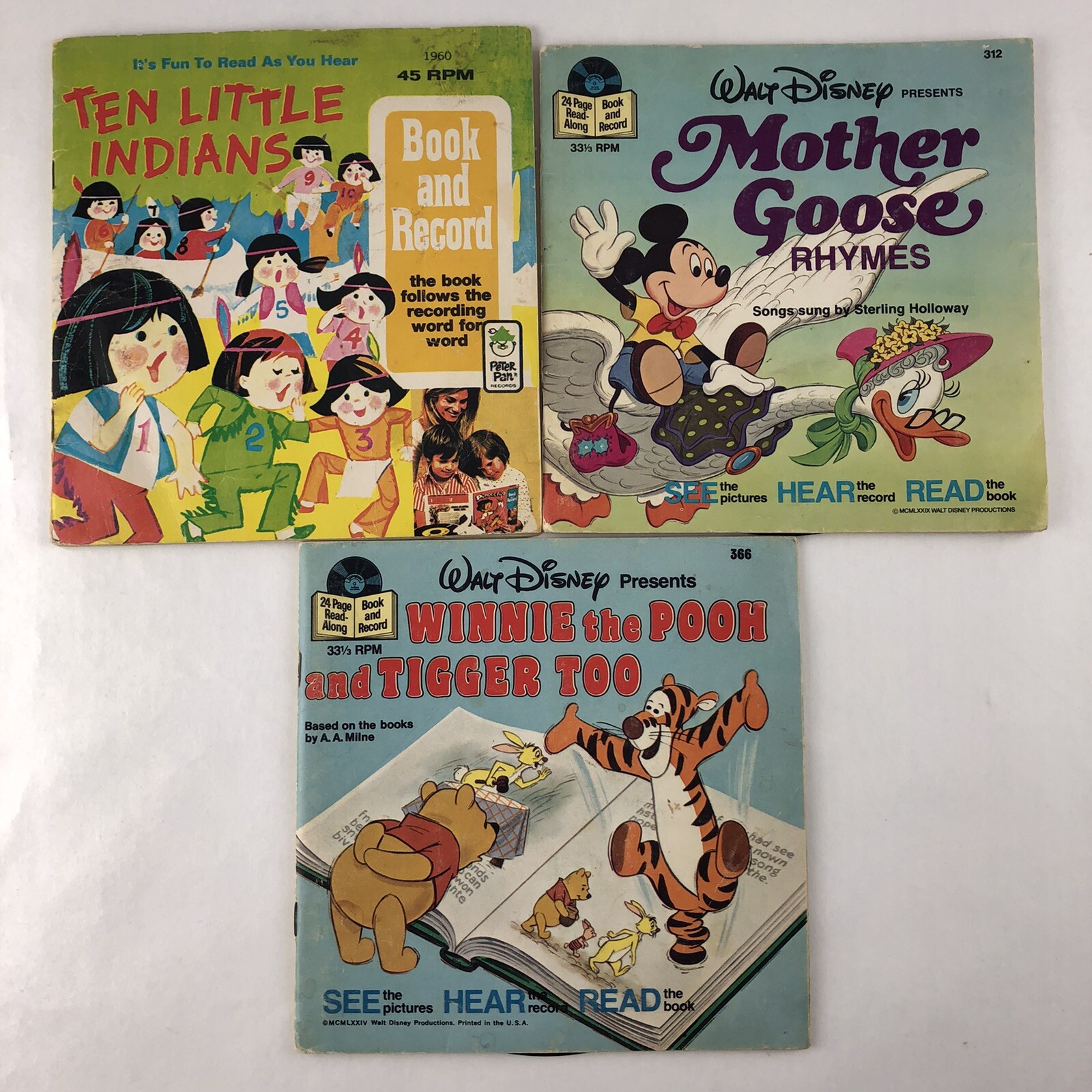 Vintage Lot of 3 Walt Disney See Hear Read Books and Records Winnie Mother Goose
