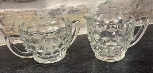 Fostoria American Hexagonal Cream and Sugar Bowl Set Excellent Condition