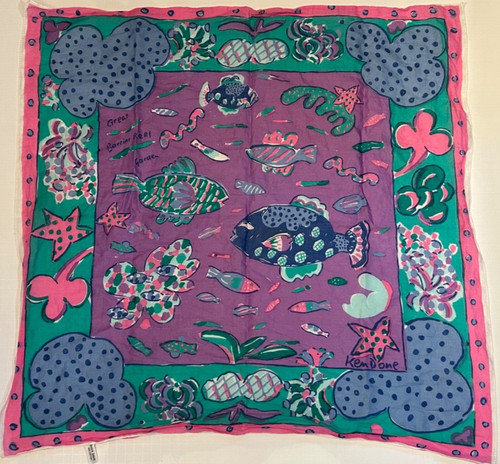 Vintage KEN DONE Fish Scarf Great Barrier Reef Ocean Scene Cotton Made in JAPAN