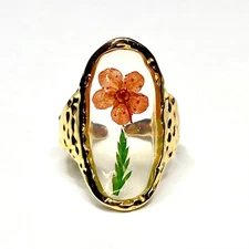 18k Gold Plated Pressed Pink Flower & Green Leaf Adjustable Ring Holiday Gift