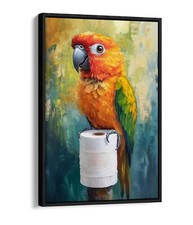 COLOURFUL PARROT TOILET ROLL BATHROOM DECOR FLOAT EFFECT FRAME CANVAS ART PRINT