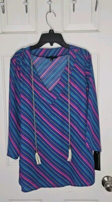 Signature Studio Tunic Top Blouse Womens Medium Stripe Gold Metal Tassels NWT 