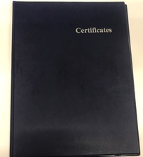A4 CERTIFICATE PVC FOLDER IN BLUE LEATHER LOOK PVC WITH SILVER BLOCKED