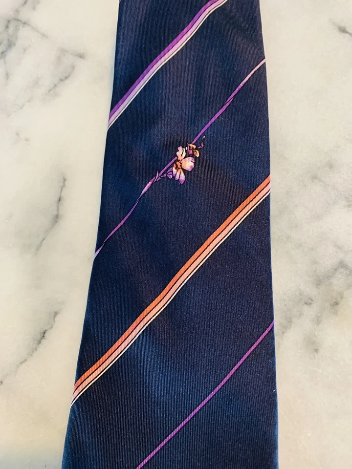 Corbata Damon 100% Seda Italiana Vintage Hecha en Unión a Rayas Flor Foto 2 de 4