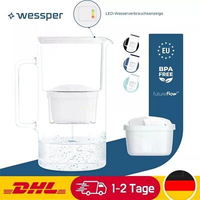 Wasserfilter Kanne Glas Wessper komp mit Brita Maxtra, LED Anzeige, 1x Kartusche