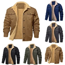 Men Winter Coat Fleece Cargo Work Jacket 5 Pockets Lapel Collar Trucker Cotton