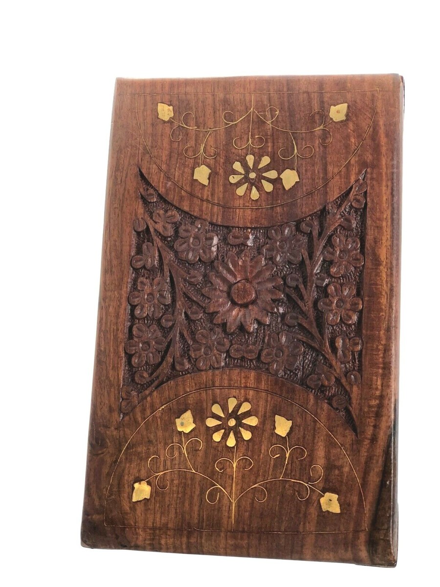 家紋（重箱） Hand Carved Velvet Lined Wooden Hinged Box with Brass Flower
