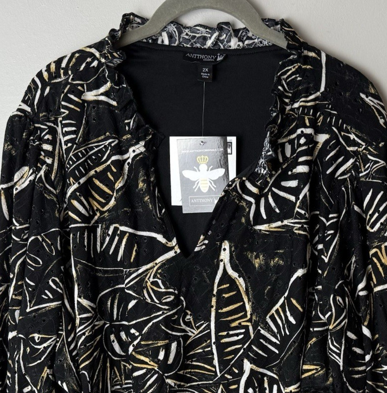 NEW Antthony Original Top Plus Size 2X 3/4 Sleeves Lined Bodice Eyelet Design