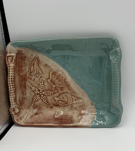 Teal Impressed Shells Beach Coastal Studio Art Pottery Plate Tray 8" Signed