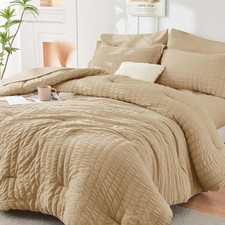 Khaki Queen Comforter Set Seersucker 7 Pieces, All Season Luxury Bed in a Bag Qu