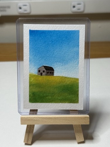 ACEO Original Watercolor - Cottage Landscape Sky 2.5x3.5 Artbysusi